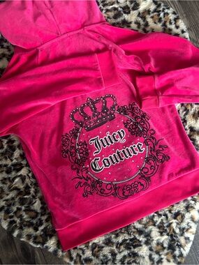 Juicy Couture Hot Pink Velour Zip Sweater with Rhinestones and Logo Design
